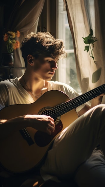 Young man playing acoustic guitar in a room Generative AI