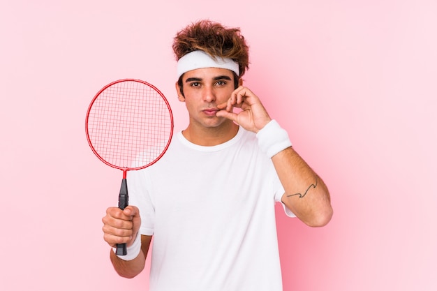 Young man playing badminton isolated with fingers on lips keeping a secret.