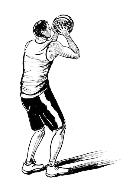 Young man playing basketball. Ink black and white drawing