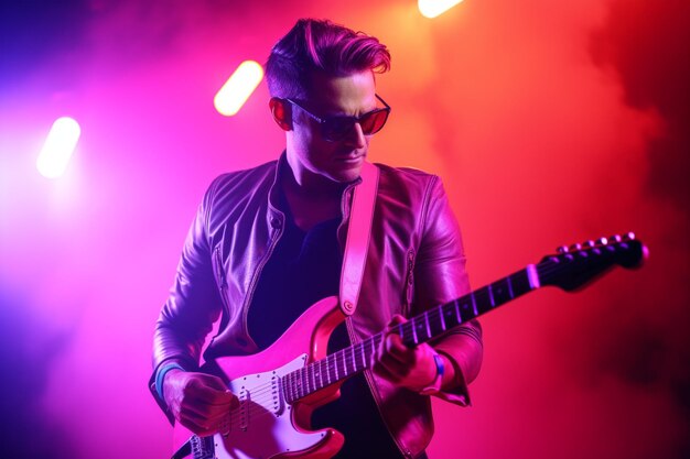 Young man playing the electric guitar on a purple background in neon light