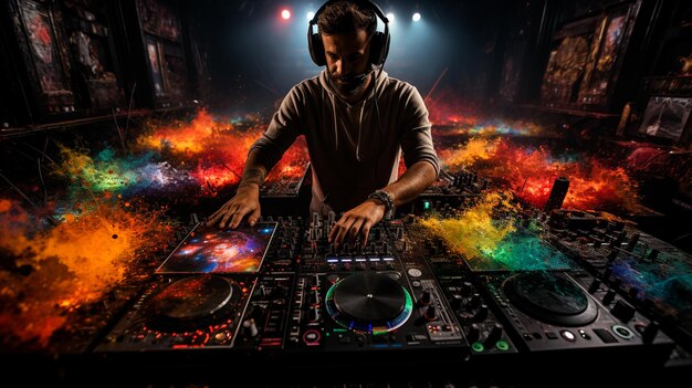 young man playing electronic music in nightclub
