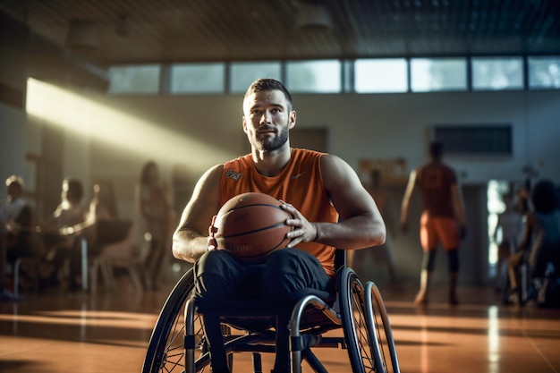 Foto giovane che gioca a basket in sedia a rotelle