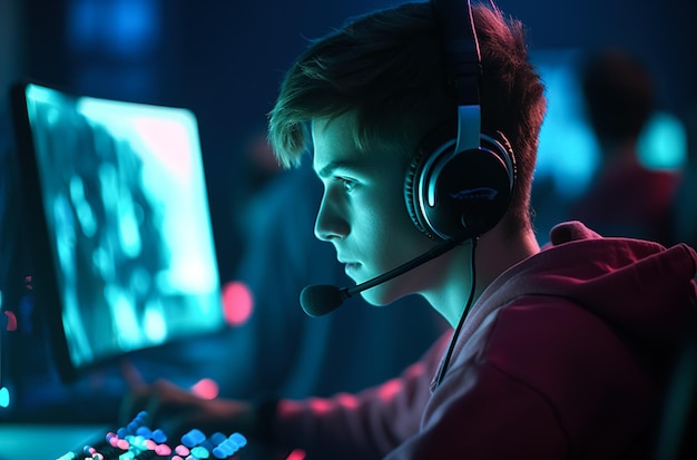 A young man playing a game with a headset on