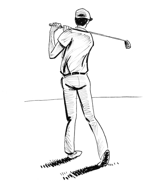 Photo young man playing golf. ink black and white drawing