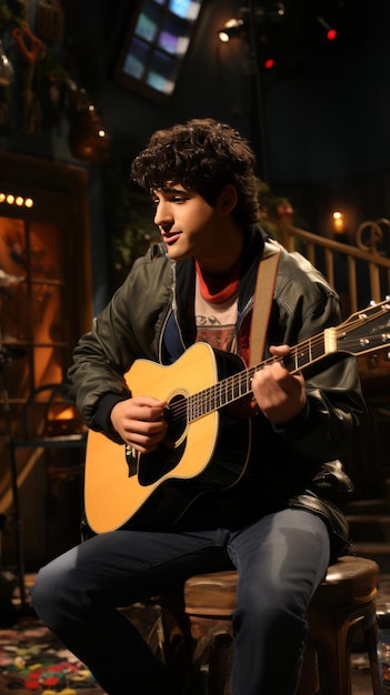 Photo young man playing the guitar in a pub portrait of a young man playing an acoustic guitar