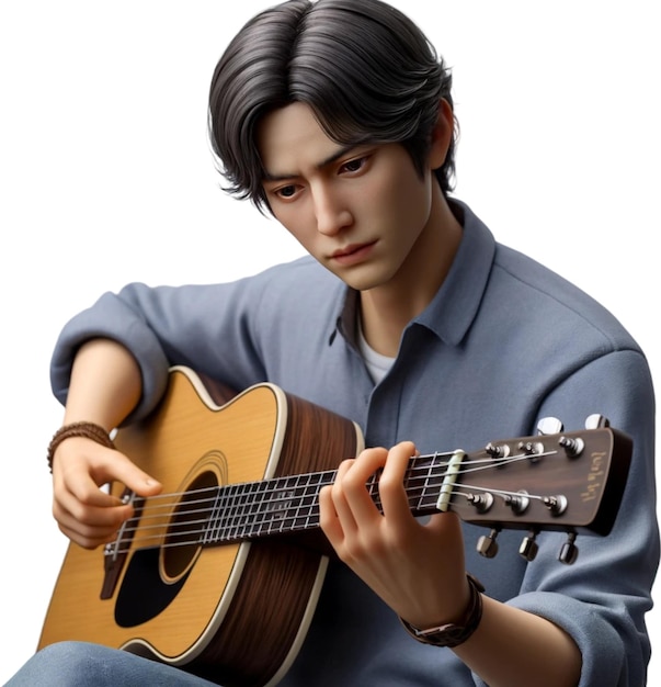 Photo a young man playing a guitar with a blue shirt on