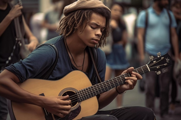 A young man playing a guitar with a guitar in the background.