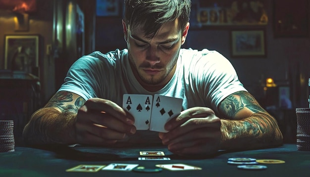 A young man playing poker cards