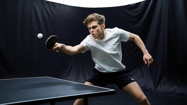 Photo young man playing table tennis on black studio