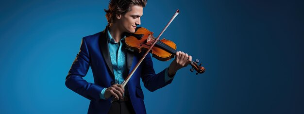 Young man playing violin on blue background