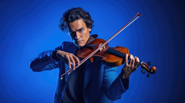 Photo young man playing violin on blue background