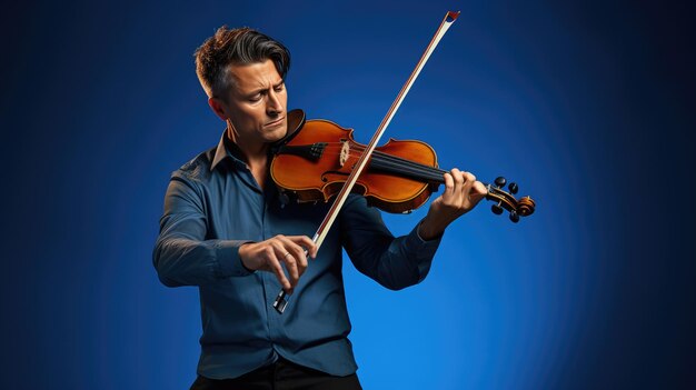 青い背景でバイオリンを弾く若い男