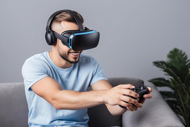 Young man playing with virtual headset