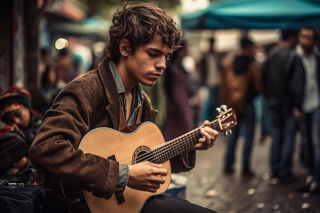 A young man plays a guitar in the street.