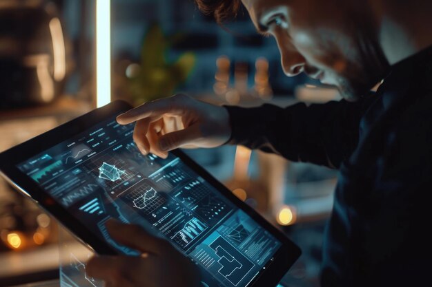 Young man pointing at Marketing Plan concept over a tablet computer