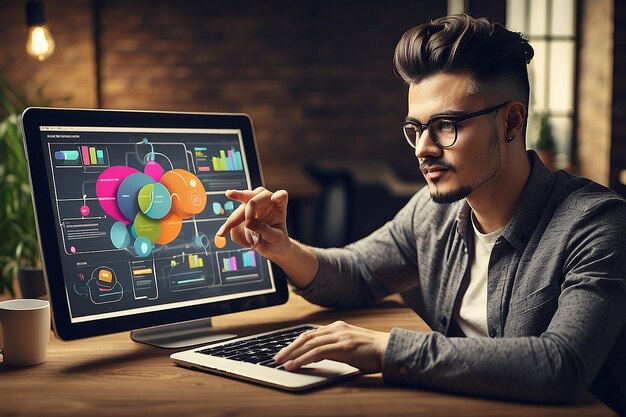 Young man pointing at Marketing Plan concept over a tablet computer