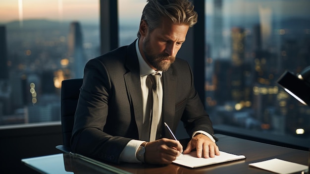 young man portrait online webinar training coach sitting at the table writing down ideas paper work businessman working at home focus on man High quality photo