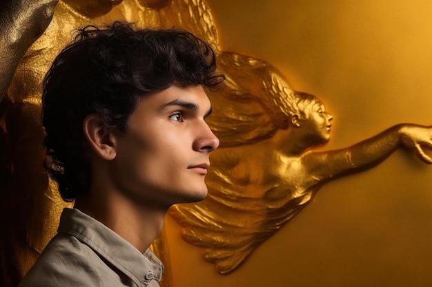 A young man in posture on gold background photo illustration