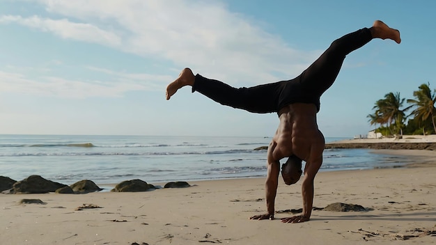 Photo young man practicing acroyoga on the beach healthy lifestyle concept