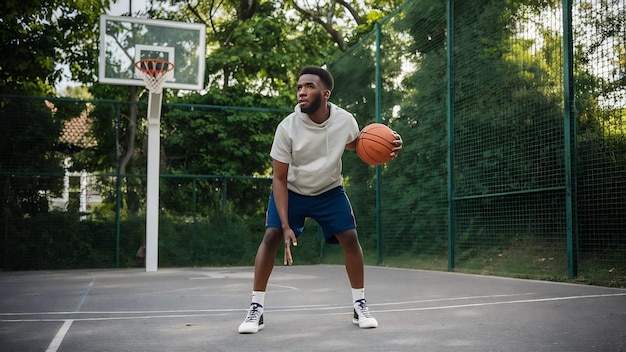 Young man practicing basketball in outdoors court