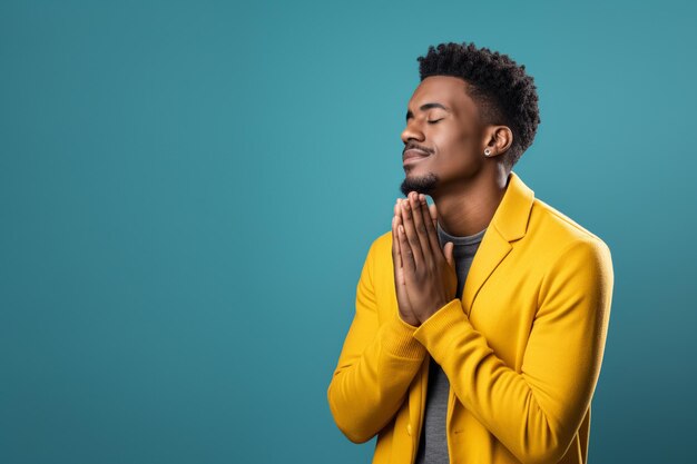 Young Man Praying Blue Background