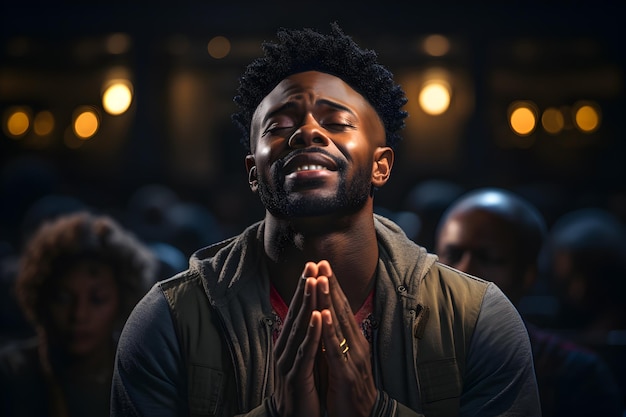 A young man prays to God in a church