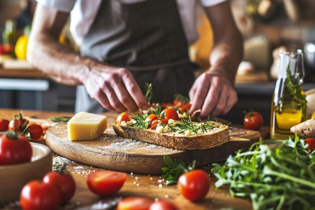 Young man preparing bruschetta with healthy ingredients in the kitchen