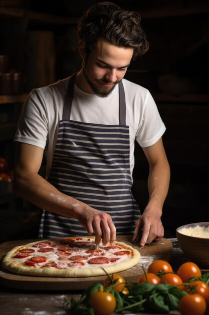 Photo young man preparing pizza
