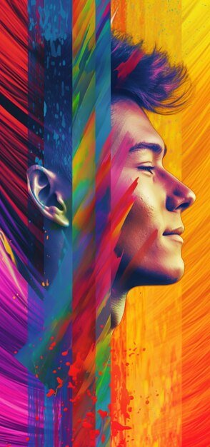 Young man profile portrait with lgbt colors abstract background phone wallpaper vertical lbgtq