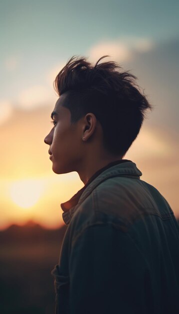 A young man in profile watches the sunset his stylish hair and earring highlighted against the eveni