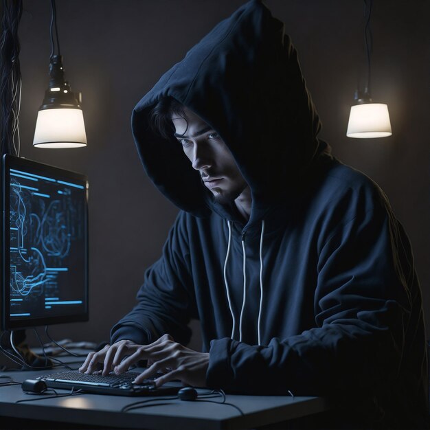 Young man programmer sits in front of a computer