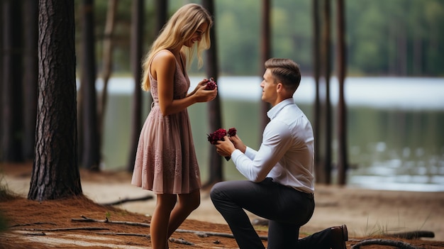 Photo young man proposing his girl friend