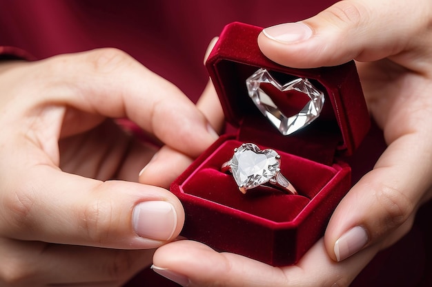 청년은 아름다운 플래티넘 하 금 제안 반지를 들고 밝고 풍부한 심장 모양의 큰 보석 다이아몬드와 함께 은 벨 상자를 가지고 있습니다.