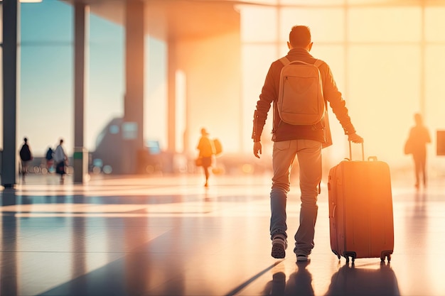 Молодой человек тянет чемодан в современном терминале аэропорта, иммиграционная концепция генеративного ИИ