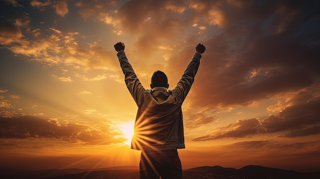 Young man raises his hands at sunset silhouette concept