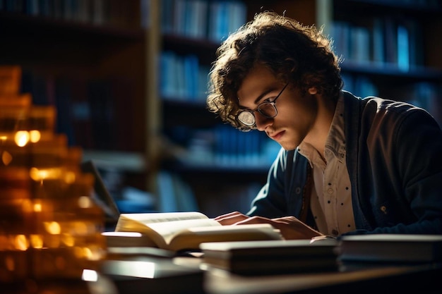 A young man reading a book in a library.