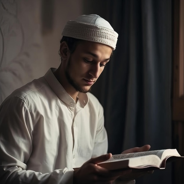 A young man reading a book with a blue curtain behind him.