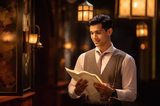 Young man reading books at restaurant