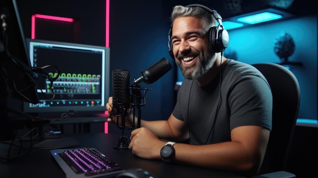 Young man records a podcast in his home office