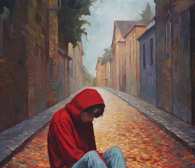  ⁇ 은 후디 를 입은 젊은 남자 가 옛 마을 의 거리 에 앉아 있다