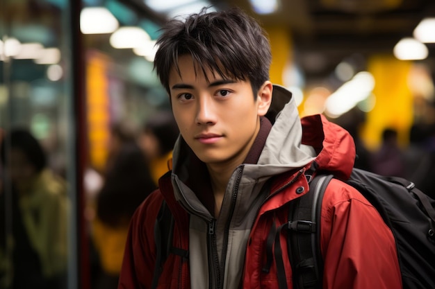 a young man in a red jacket and black backpack