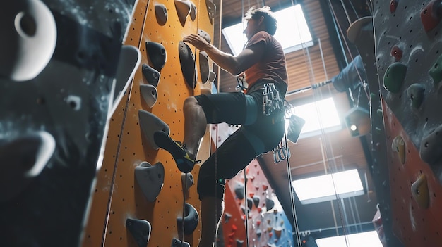 Foto un giovane uomo con una camicia rossa e pantaloni neri sta arrampicandosi su una parete di arrampicata al coperto