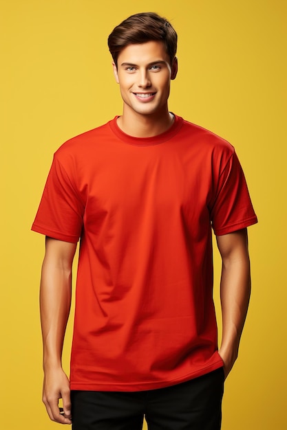 인쇄 프리젠테이션을 위한 노란색 배경 T셔츠 디자인 템플릿에 빨간색 셔츠 모형을 입은 청년