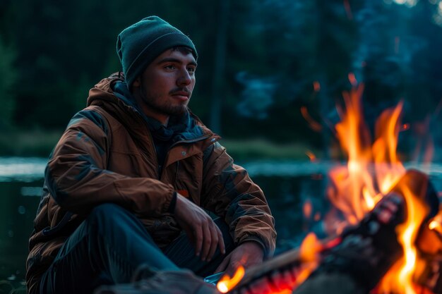 평화 로운 캠핑 저녁 에 캠프 불  에서 휴식 하는 젊은 남자