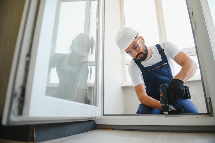 Photo young man repairing a terrace door