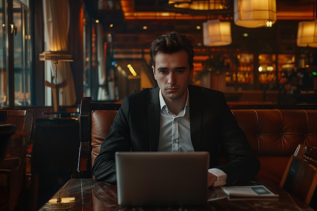 写真 カフェで休んでラップトップコンピュータを使ってインターネットをブラウジングしている若い男性