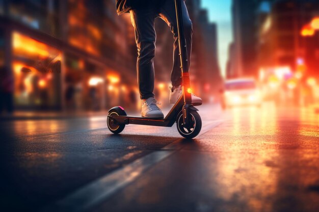 Foto giovane uomo che guida uno scooter elettrico city street view genera ai