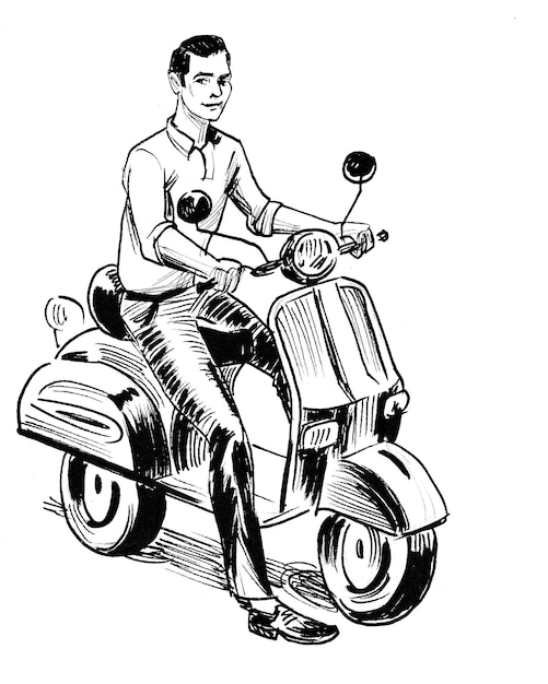 Young man riding a scooter. Ink black and white drawing