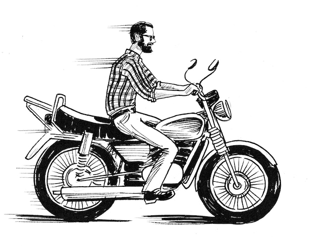 Young man riding vintage motorcycle, Ink black and white drawing