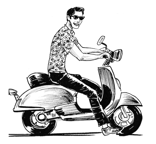 Young man riding a vintage scooter. Ink black and white drawing